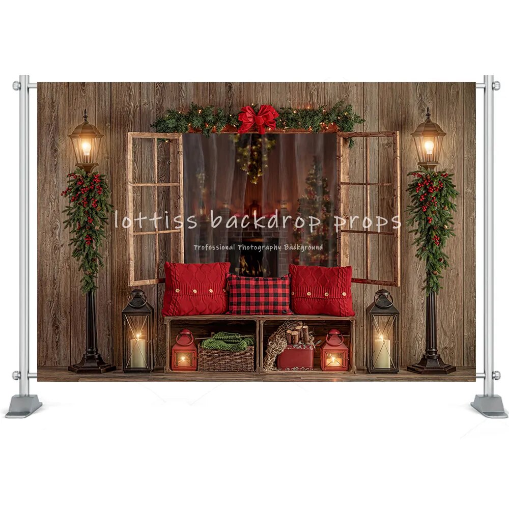 Christmas Room Backdrop Photography Fireplace Windows Toys Wreath Winter Family Party Kids Birthday Background Photo Studio