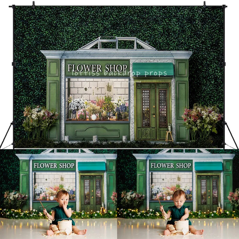 Green Thumb Flower Shop Backdrop Kids Baby Cake Smash Photography Props Child Adult Photocall Props Spring Floral Background