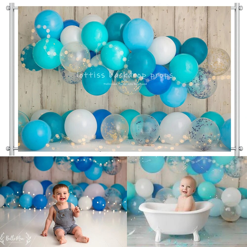 Blue Balloons Backdrops Boy Cake Smash Props Birthday Party Portrait Props Children Baby Balloon Wood Wall Background