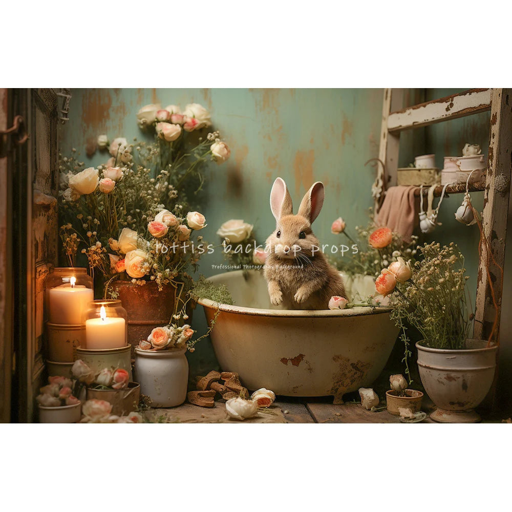 Easter Floral Bathroom With Bunny Backdrops Kids Baby Photography Child Adult Photocall Garden Flower Retro Wall Backgrounds