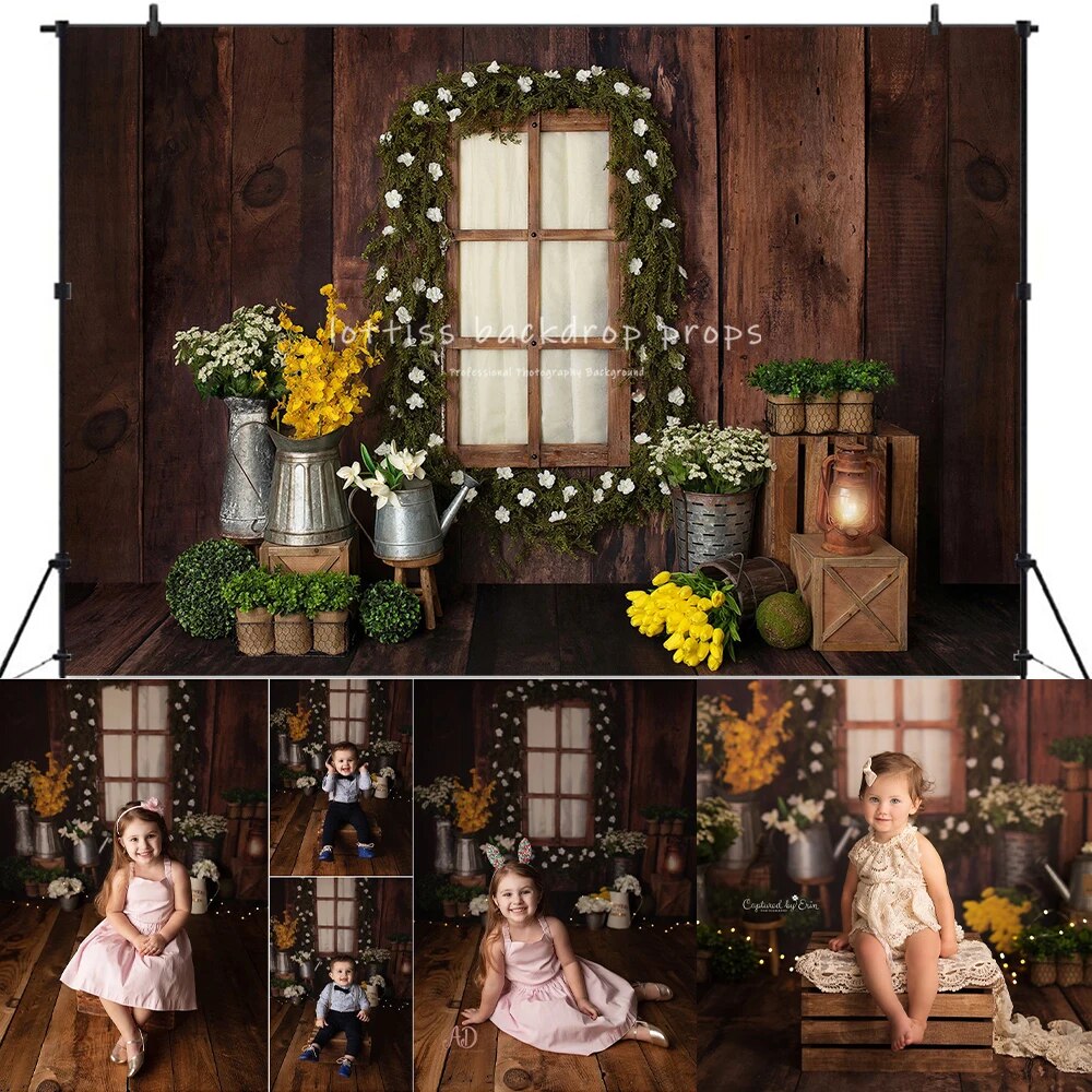 Spring Wooden House Windows Backdrops Kids Baby Photography Props Child Adult Photocall Props Floral Decors Garden Background