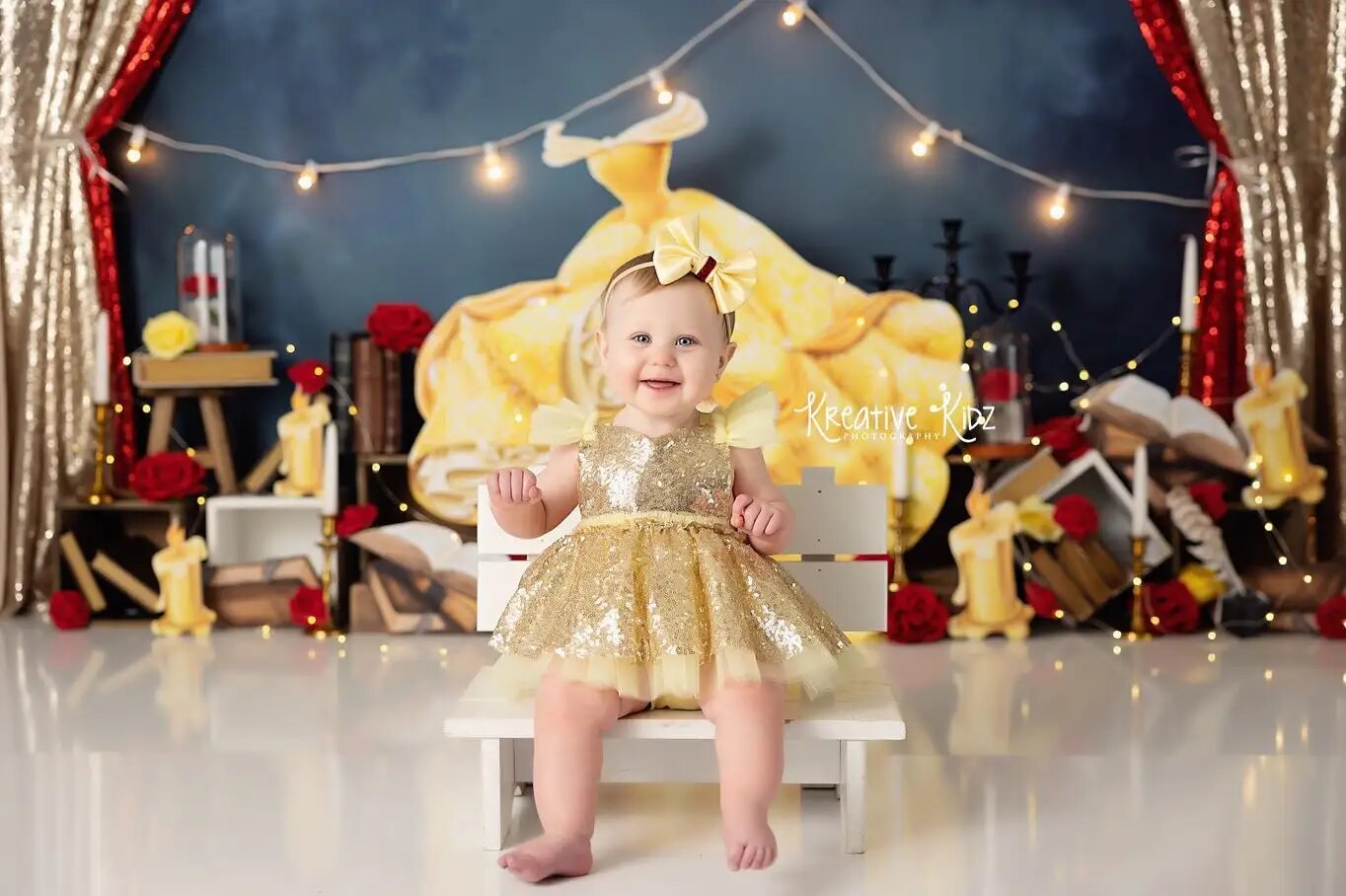 Belle Of The Ball Backdrops Kids Girl Cake Smash Birthday Photography Props Child Baby Gold Dress Party Background