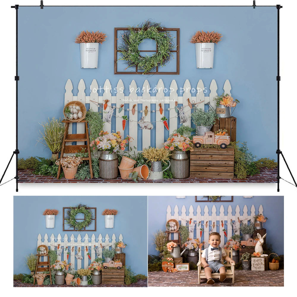 Cute as a Bunny Easter Backdrops Kids Baby Birthday Cake Smash Photocall Props Garden Door Wooden Entrance Backgrounds