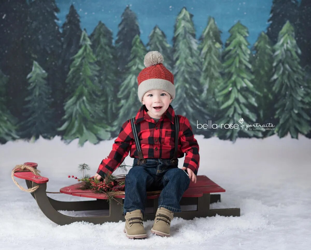 Arrière-plan d'arbres magnifiques d'hiver, gâteau pour enfants, accessoires de fête d'anniversaire, décor de forêt d'hiver, arrière-plan pour studio photo pour enfants 