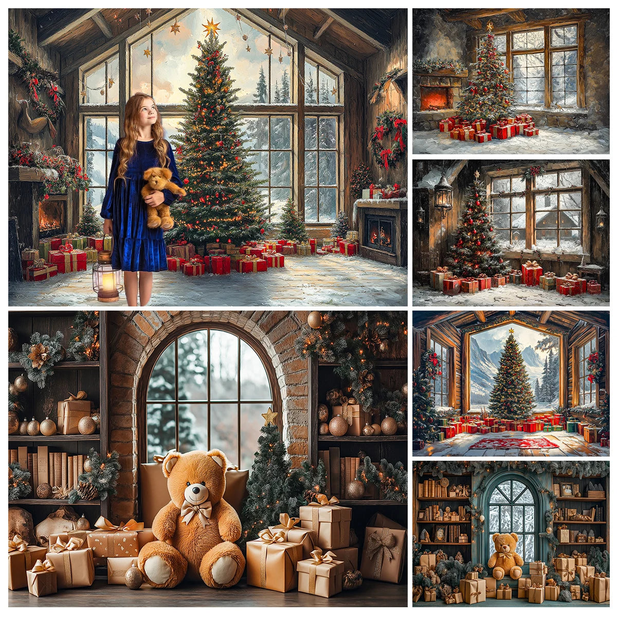 Xmas Window Big Christmas Tree Backdrops Kids Adult Photography Child Baby Photocall Fireplace Backgrounds