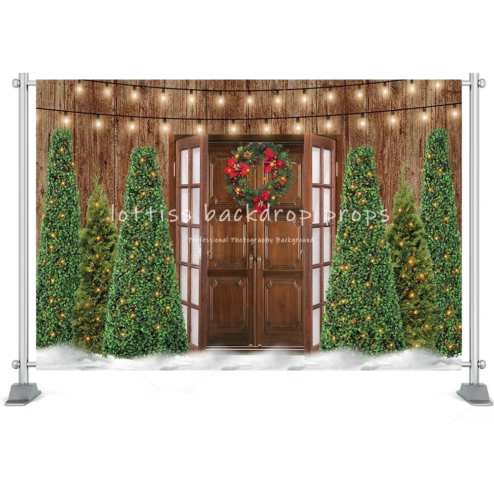 Christmas House Barn Door Backgrounds Photography Winter Trees Wreath Party Props Kids Famiy Portrait Backdrops Props