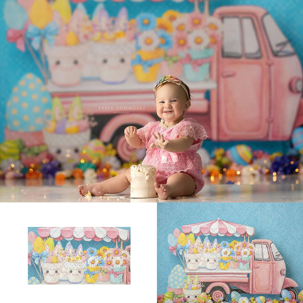 Little Pink Easter Truck Backdrops Kids Baby Photography Child Kids Photocall Decors Summer Spring Backgrounds