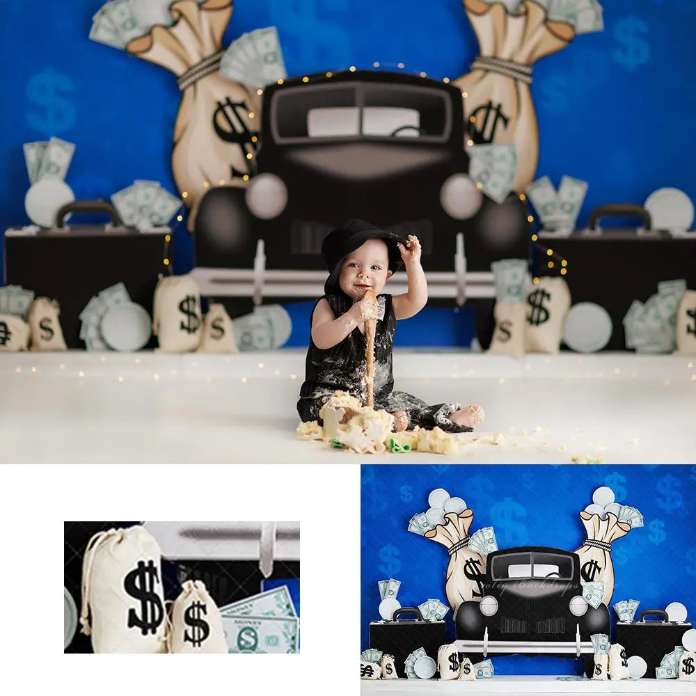 Gangster Boss Black Car and Coins Backdrop Kids Boys 1st Birthday Party Decors Child Baby Cake Smash Photography Backgrounds