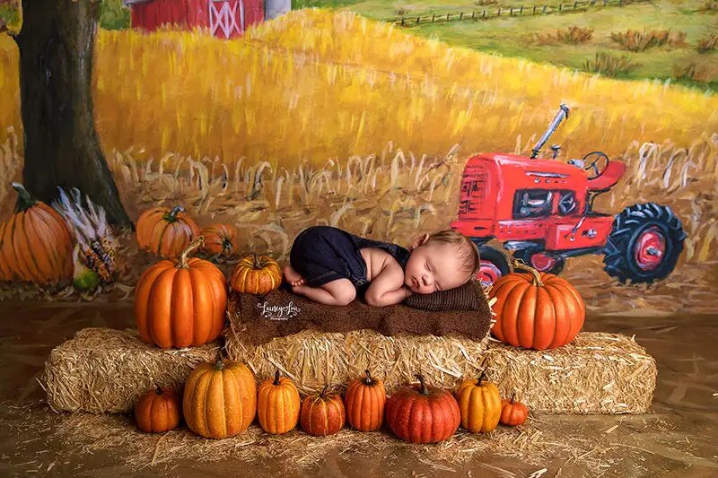 Autumn Red Tractor on the Farm Backdrops Kids Phtography Props Child Baby Birthday Cake Smash Photocall Fall Country Background