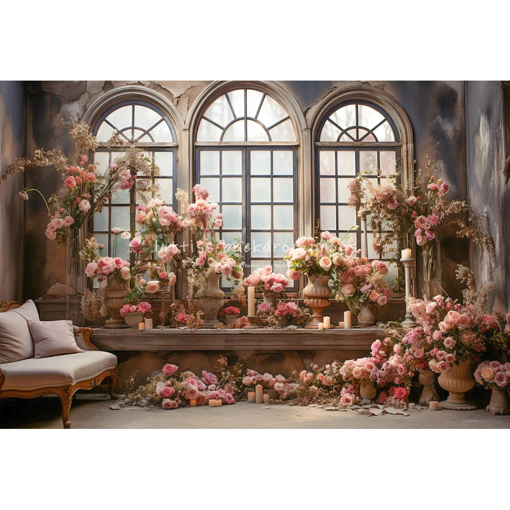 Spring Windows Backdrops Kids Girl Photography Child Adult Photocall Roses Vases Room With Pink Curtains Garden Backgrounds