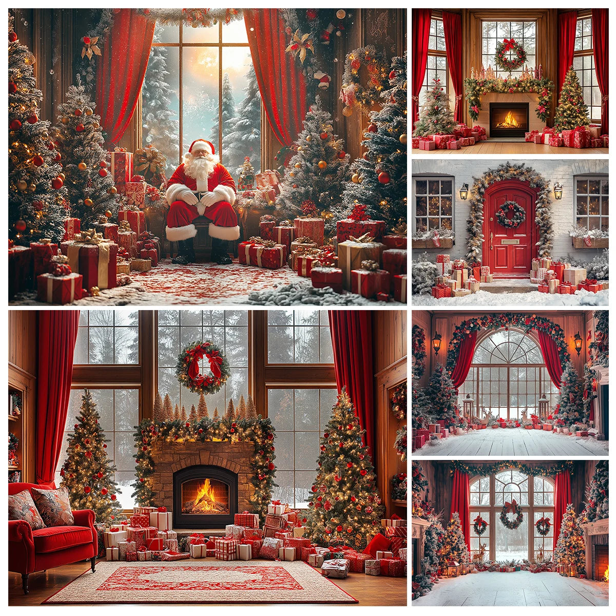 Christmas Windows Santa Fireplace Backdrops Kids Adult Child Baby Photocall Xmas Trees Living Room Red Curtains Backgrounds