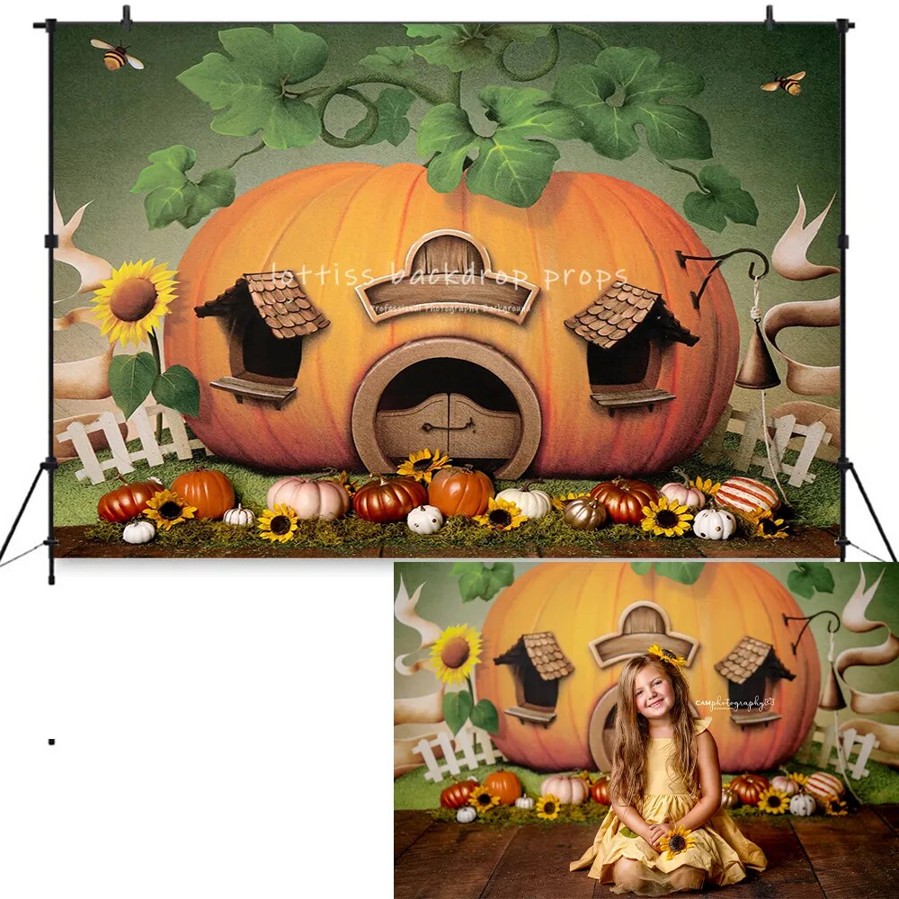 Big Pumpkin House Backdrop Kids Baby Birthday Cake Smash Props Adult Child Photography Decors Autumn Harvest Farm Background