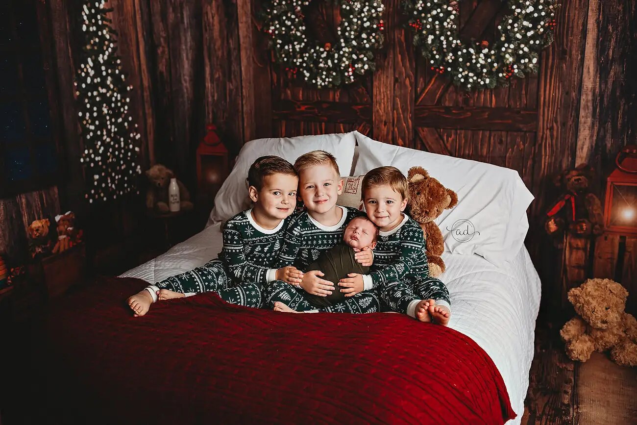 Arrière-plan de tête de lit de noël, accessoires de photographie pour enfants et bébés, accessoires de séance photo pour enfants et adultes, arrière-plan avant de grange en bois de noël 