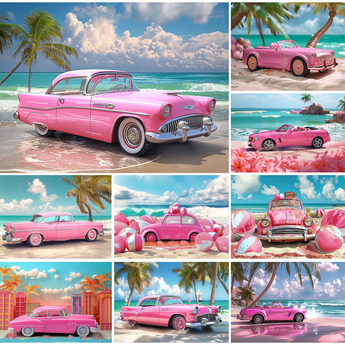 Classic Pink Car Sits on the Beach Photography Backdrop Kids Baby Cake Smash Photocall Decors Summer Plam Tree Studio Background