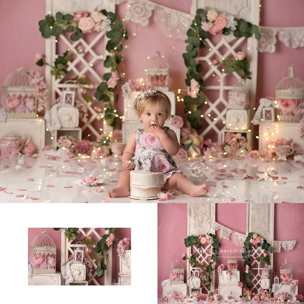 Spring Pink Floral Wall Backdrops Kids Baby Photography Props Child Adult Photocall Decors