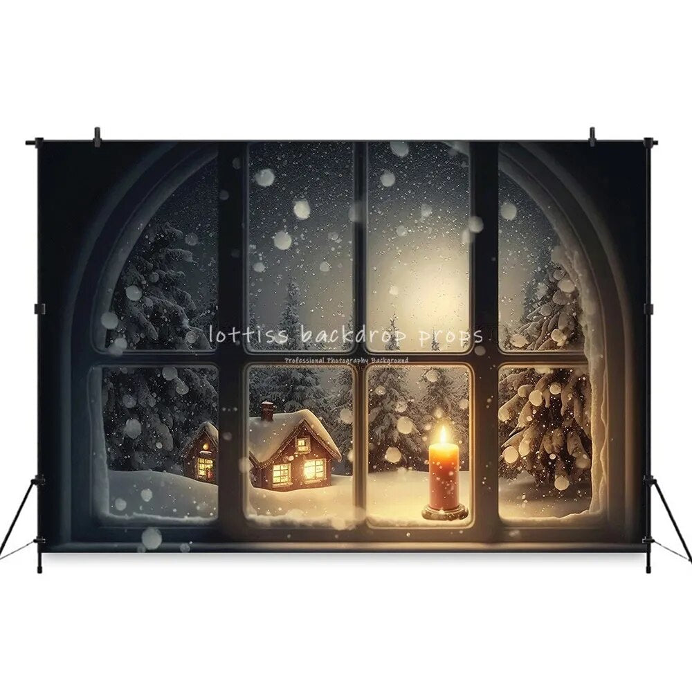 Snowy Windows Christmas Backdrop Candle Light Family Photocall Adult Child Baby Photogrpahy Props Winter Xmas Background