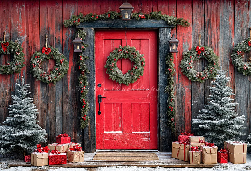 Christmas Red Door With Wreaths And Garlands Photography Backdrop Baby Kids Portrait Family Party Photocall Studio Backgrounds