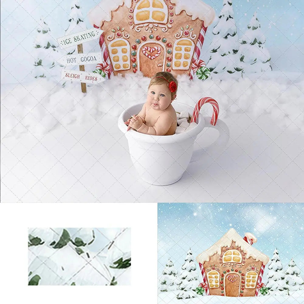 Winter Gingerbread Backdrop Snowy House Child Adult Birthday Photo Shoot Backgrounds Baby Kids Cake Smash Photography Background