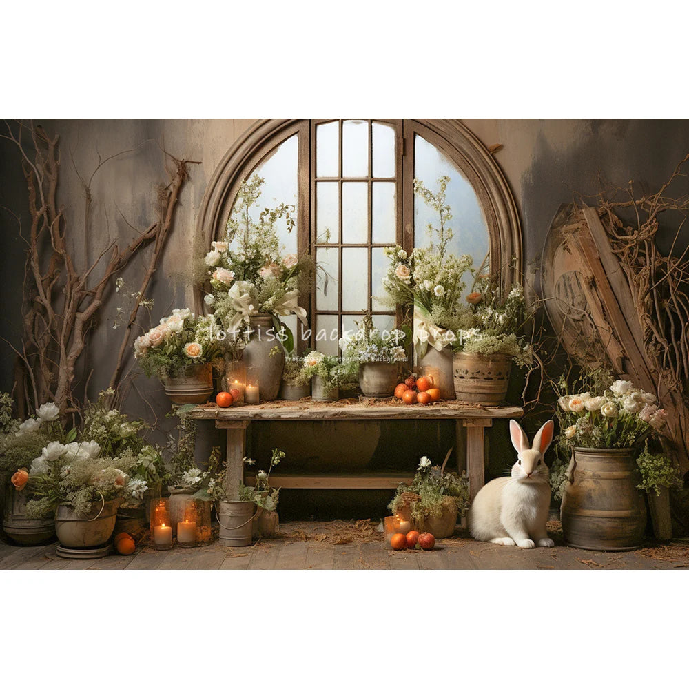 Easter Bunny On Windows With Large Flowers Backdrops Kids Baby Photocall Child Adult Photocall Spring Floral Eggs Backgrounds