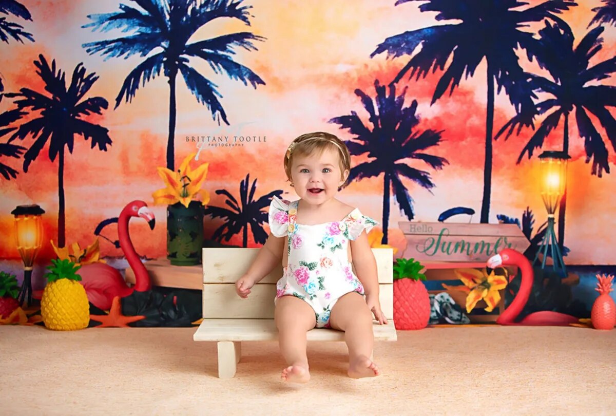 Summer Sunset Beach Backdrops Kids Baby Cake Smash Birthday Props Girl Children Palm Tree Flamingo Starfish Decor Background