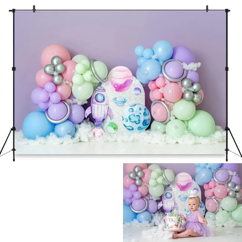 Pastel Space Balloons Arch Photo Backdrop Kids Baby Cake Smash Photography Props Child Adult Birthday Studio Backgrounds