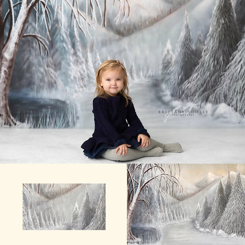 Arrière-plan de forêt enneigée de noël, photographie d'enfants, Portrait de bébé, séance photo, thème d'évasion enneigée d'hiver 