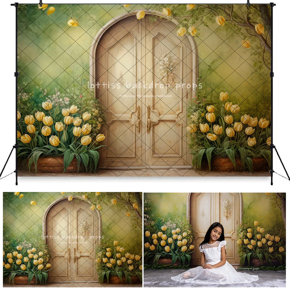 Antique Spring Door Backdrops Kids Baby Birthday Cake Smash Props Yellow Floral Garden Entrance Backgrounds