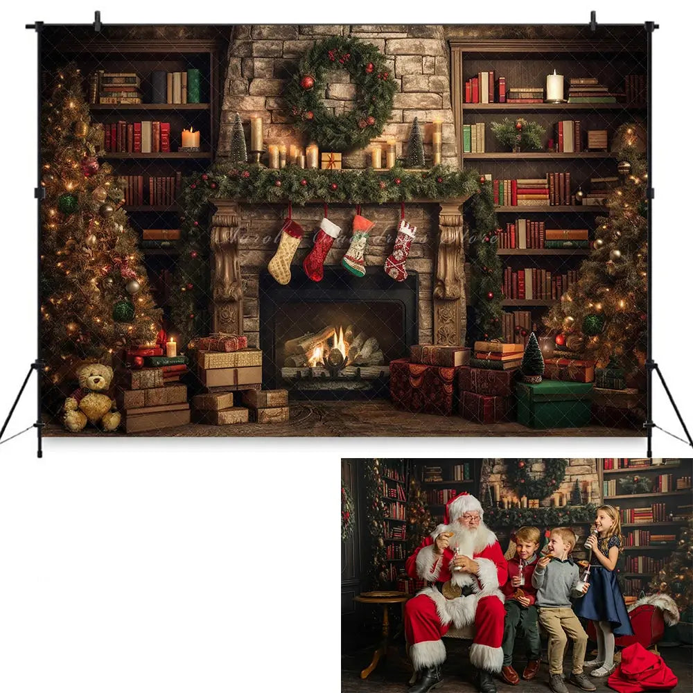 Merry Christmas Backdrop Fireplace Christmas-tree Kids Baby Cake Smash Photography Props Child Family Photoshoot Backgrounds