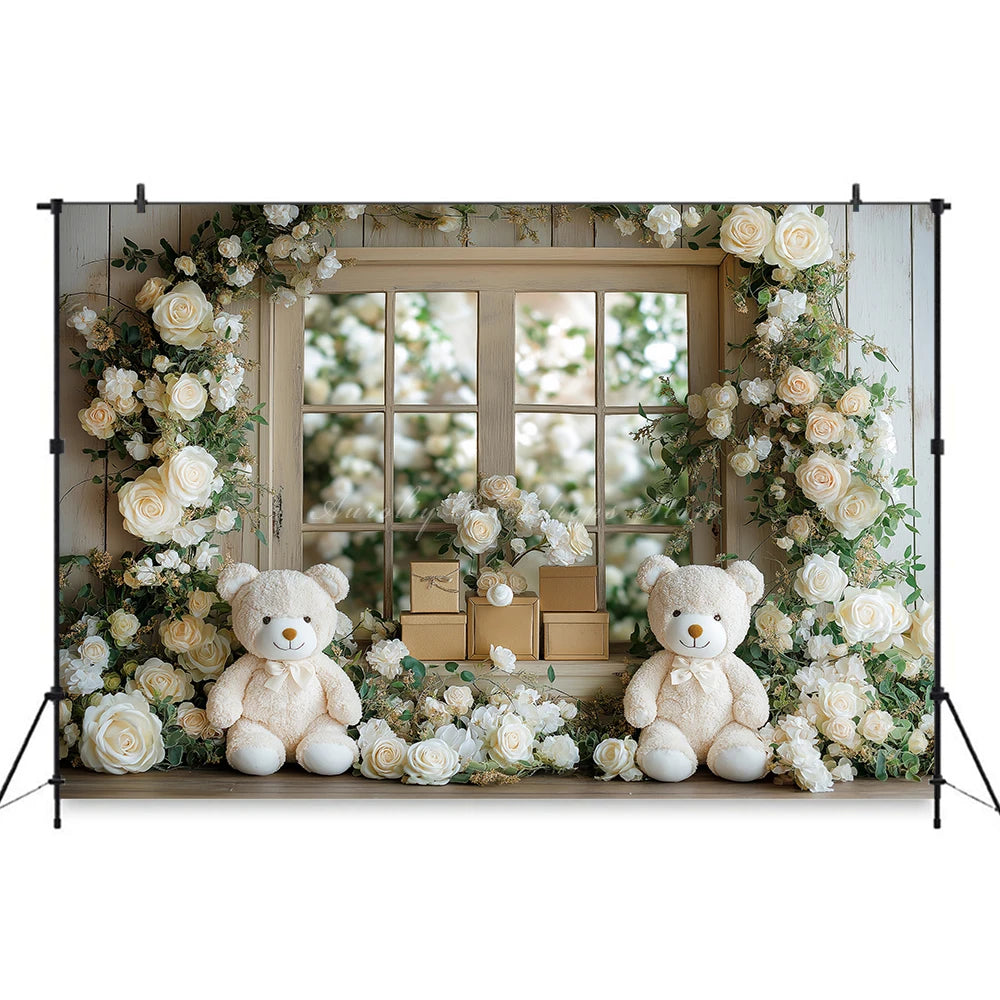 Christmas Floral Garland With the Window Backdrop Baby Kids Portrait Family Party Photocall Photograhy Background