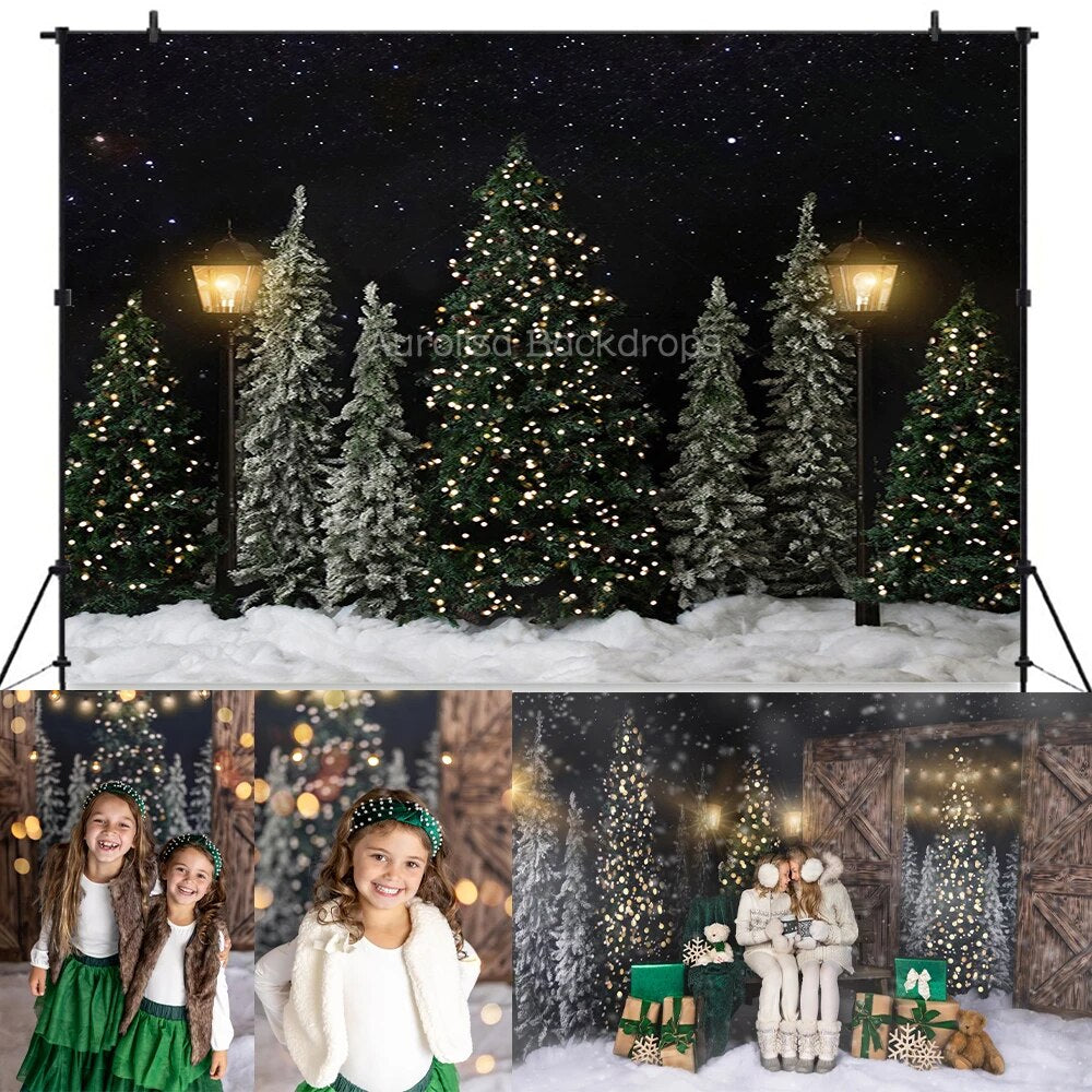 Urban Tree Farm Backdrops Kids Adult Photography Props Child Baby Xmas Photocall Snowy Christmas Trees Wooden Door Background