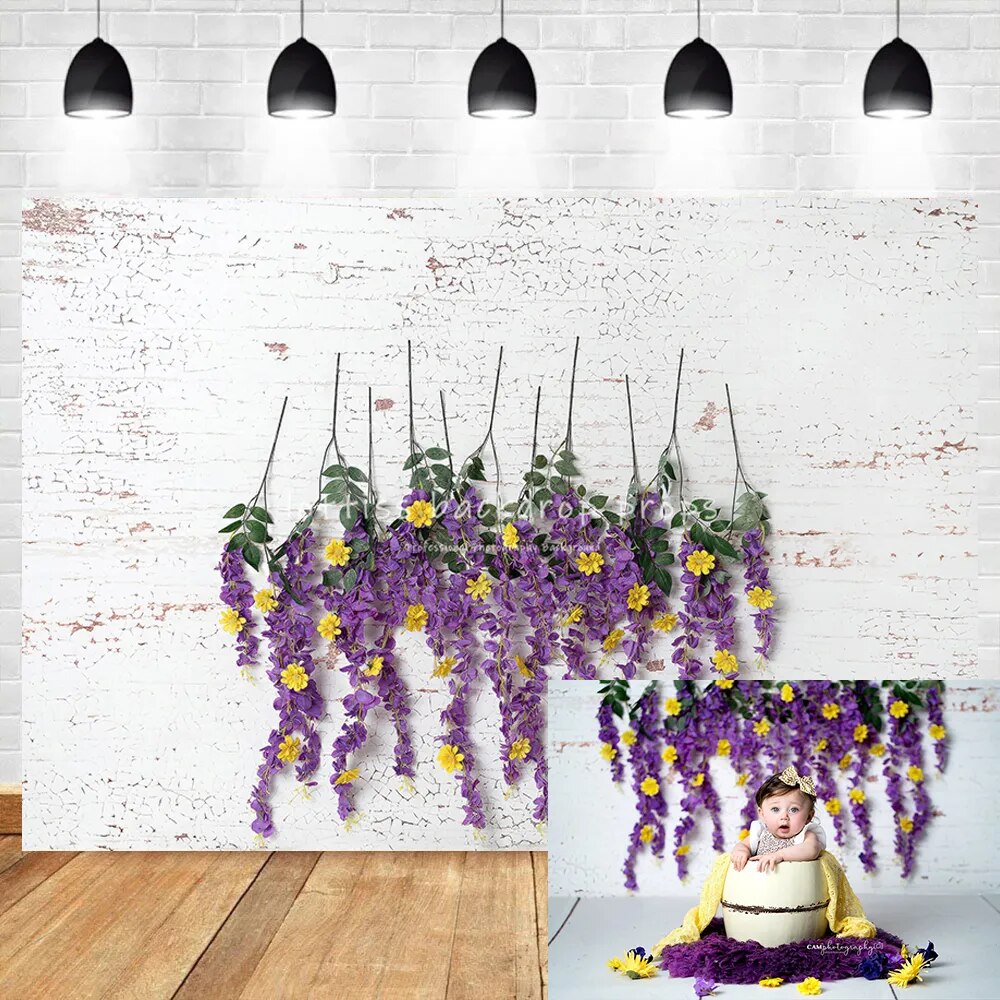 Arrière-plan mural en brique florale violette, accessoires de photographie de gâteau d'anniversaire pour filles et enfants, décors de fête, arrière-plan de jardin pour Portrait d'adulte 