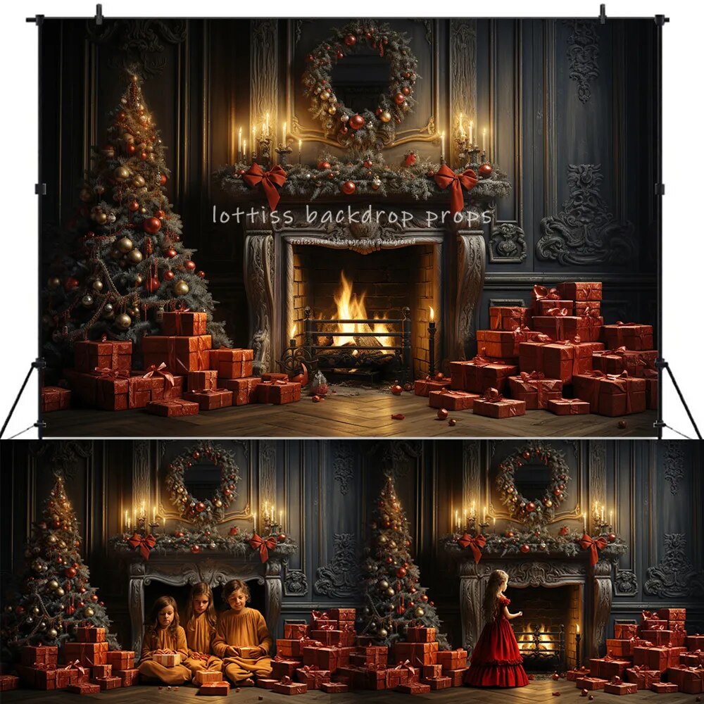 Chambre de noël rétro avec arrière-plan de cheminée, accessoires de photographie pour enfants et bébés, décors de séance photo pour enfants et adultes, arrière-plan d'arbres cadeaux rouges 