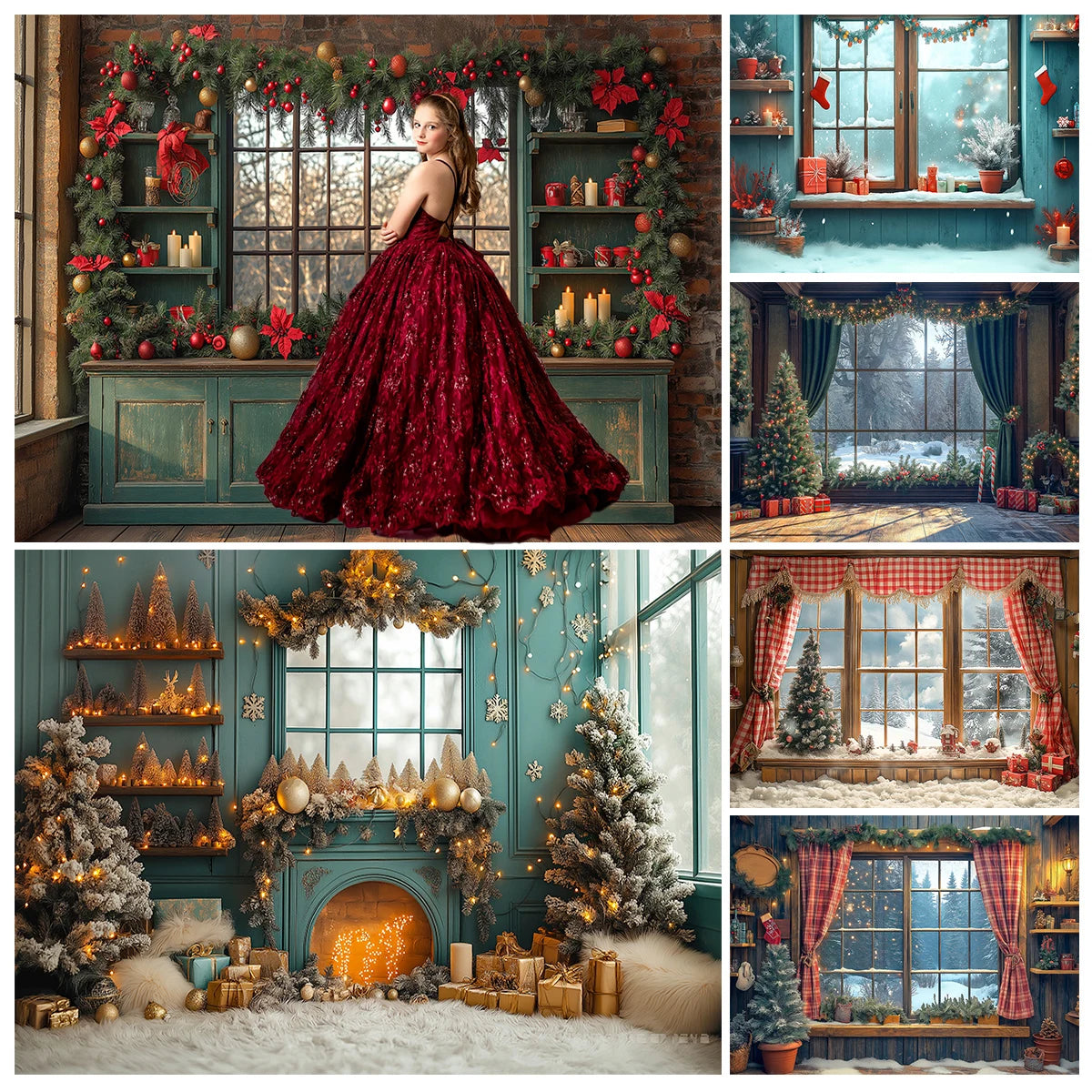 Christmas Windows Fireplace Backdrops Kids Adult Photography Child Photocall Xmas Trees Wreath Curtains Winter Backgrounds