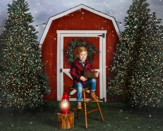 Christmas Snowy Tree Farm Photography Backdrop Red Barn in the Forest Kids Baby Cake Smash Photocall Decors Family Party Props