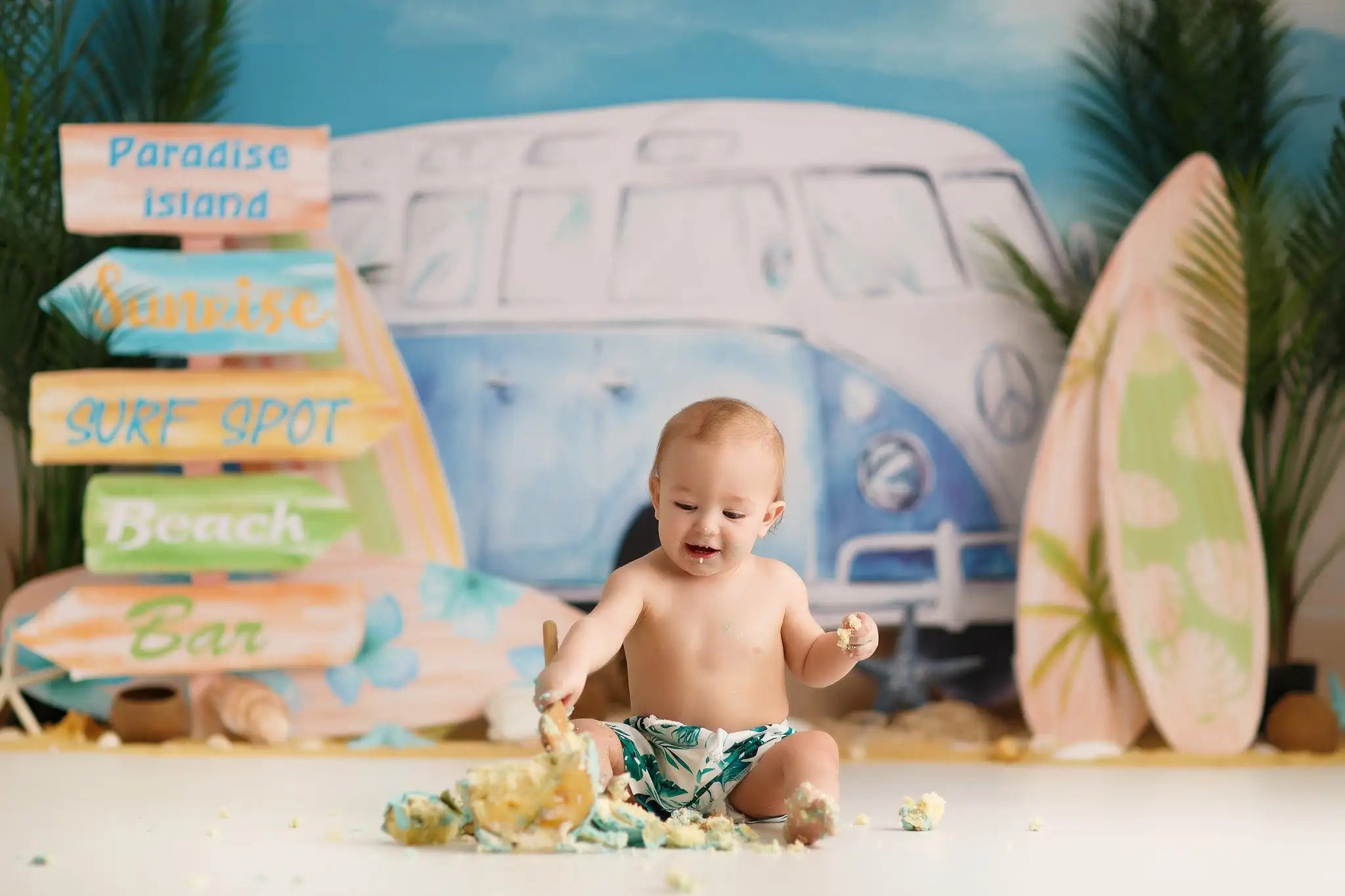 Summer Beach Surf Spot Backdrop Kids Baby 1st Birthday Photocall Decors Plam Trees and Bus Child Adult Photo Studio Backgrounds