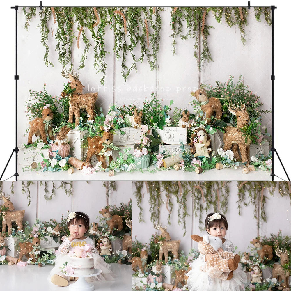 Woodland Deer Spring Backdrops Kids Baby Birthday Cake Smash Photography Props Child Adult Photocall Forest Animals Backgrounds