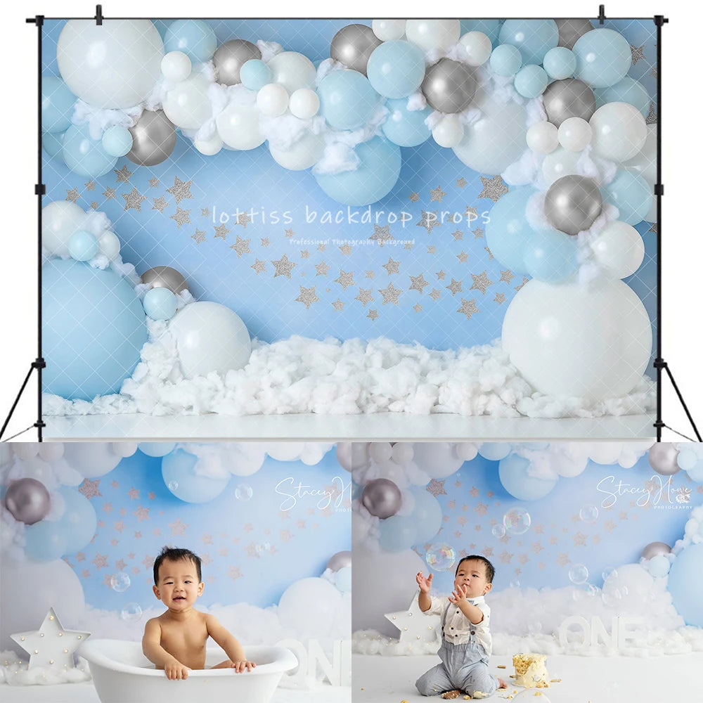 Skyblue Golden Balloons Photography Backdrops Child Boy Birthday Cake Smash Photocall Clouds Decors Backgrounds