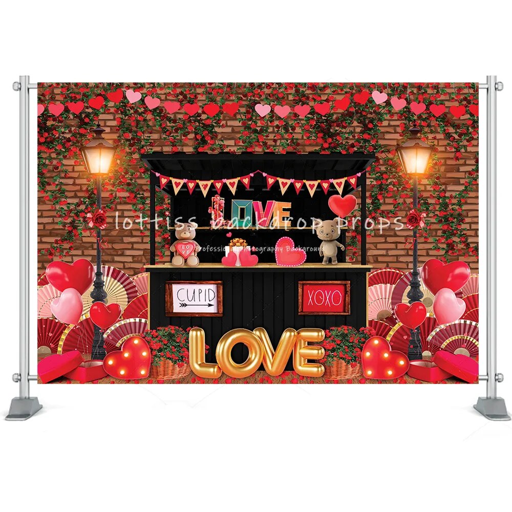 Valentines' Day Backdrop Display Window Floral Shop Carts Brick Wall Deco Marriage Kids Family Portrait Rose Props Background