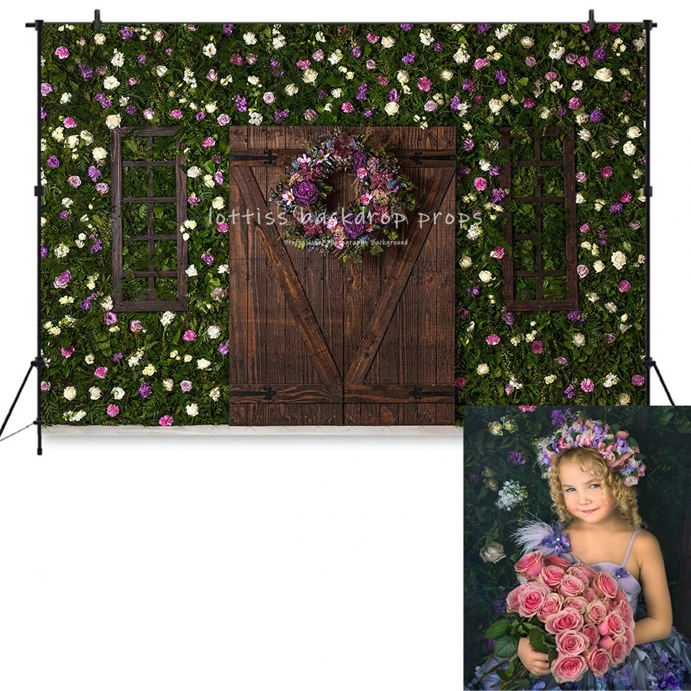 Reclaimed Garden of Alabaster Backdrops Kids Girl Photography Props Child Baby Wooden Door Spring Flower Wall Background