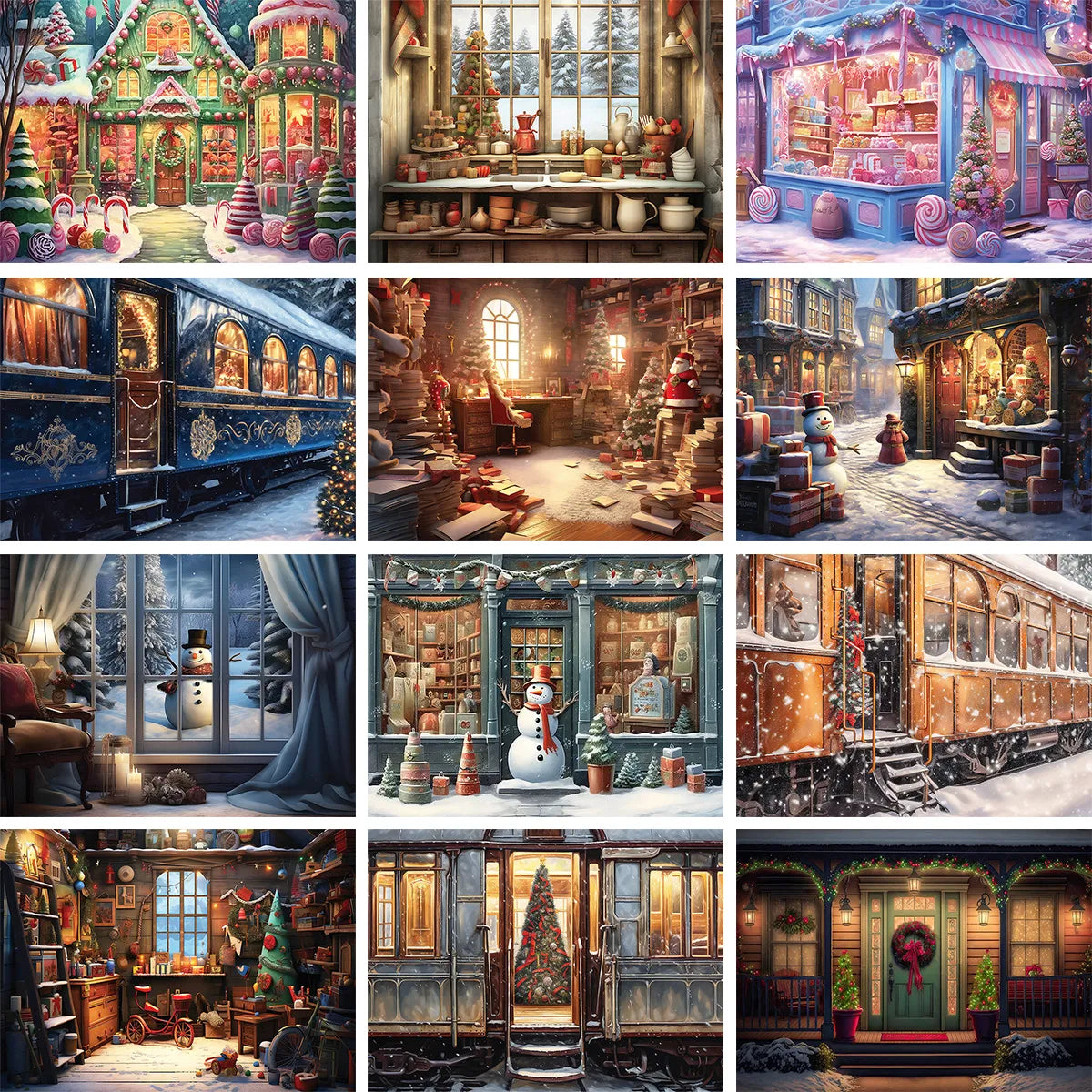 Arrière-plan de photographie de rue de noël, Portrait d'adulte, famille et enfant, séance photo, Train Polar Express, arrière-plan d'arbres de noël 