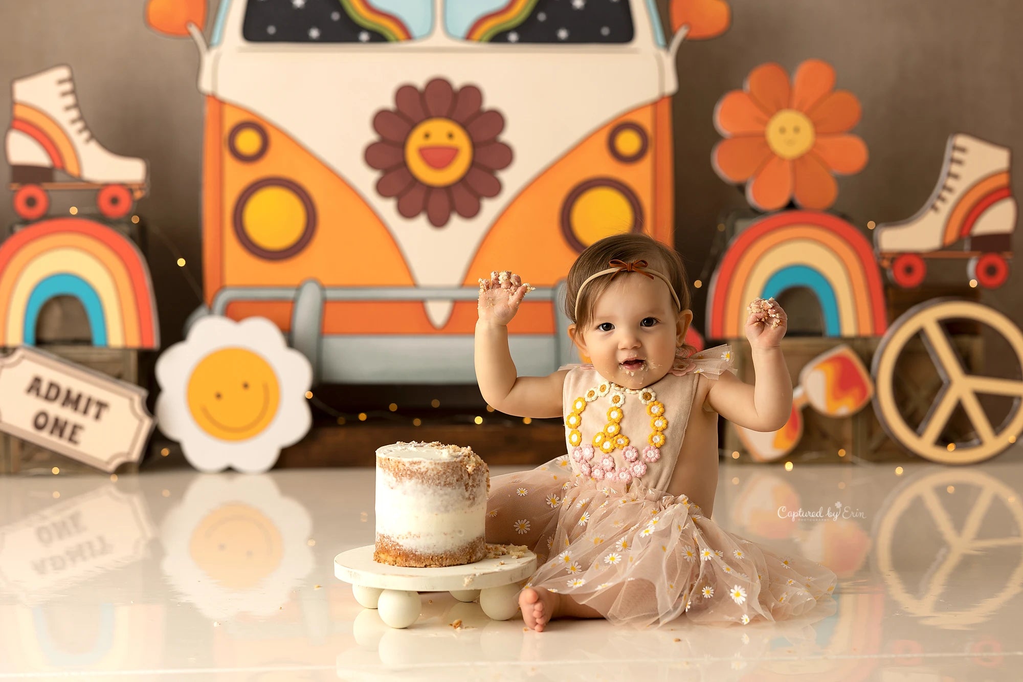 Sunflower Bus Backdrop Child Baby 1st Birthday Photography Props Rainbow Kids Adult Cake Smash Photocall Studio Backgrounds