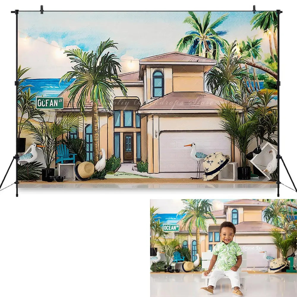 Seaside House and Plam Trees Backdrop Kids Baby Cake Smash Photography Props Child Adult Birthday Studio Backgrounds