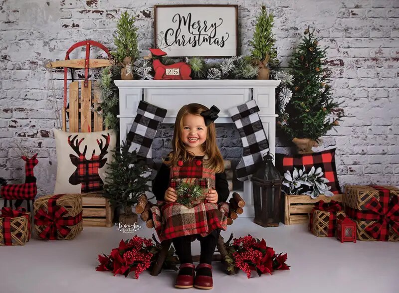 Plaid Christmas Fireplace Backdrops Kids Adult Photography Props Photostudio Xmas Socks Trees Festival Background