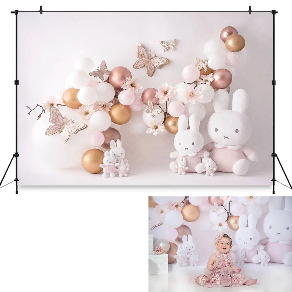 Pink Butterflies and Bunnies Backdrop Balloons Kids Cake Smash Photography Props Child Baby Girls Adult Photocall Backgrounds