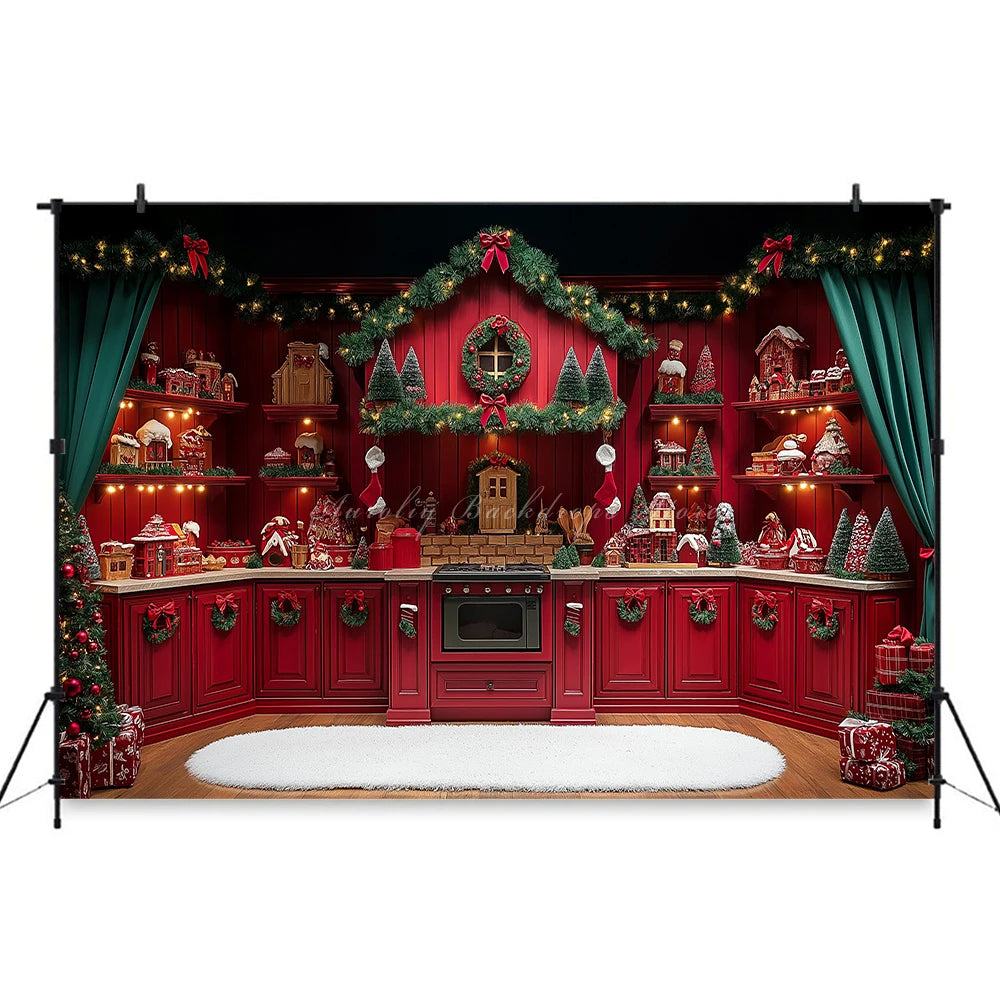 Christmas Red Kitchen With Gingerbread House Backdrop Green Cabinet Kids Baby Cake Smash Photography Props Studio Backgrounds