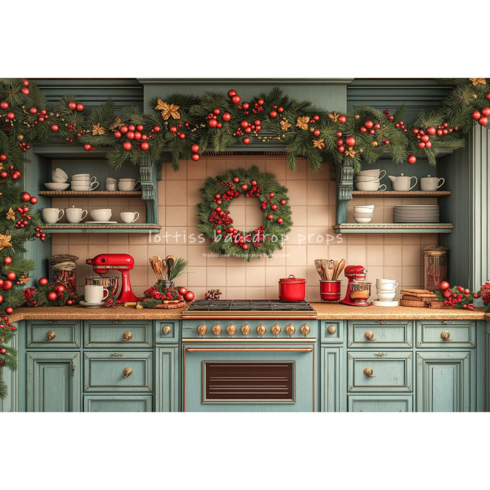 Christmas Kitchen Backdrops Kids Family Photography Child Baby Photocall Decors Winter Xmas Wreath Trees Backgrounds