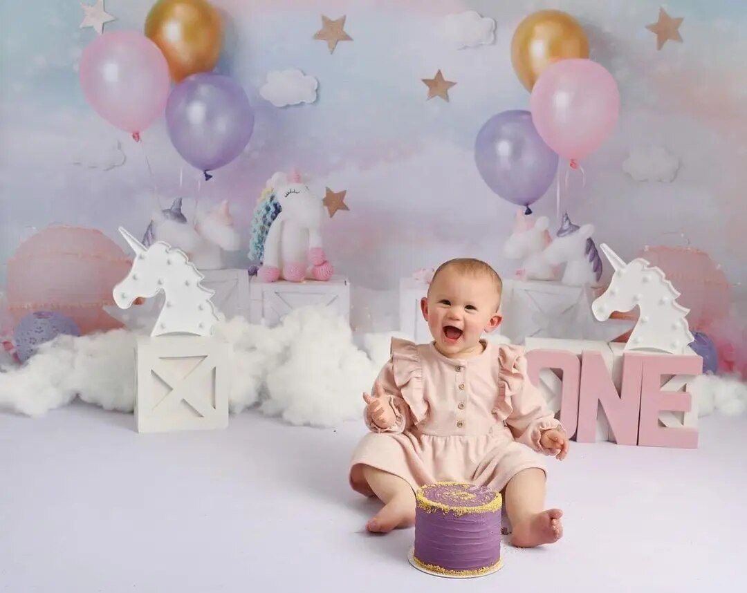 Unicorn Magic Backdrops Kids Baby Cake Smash Props Child Girl Photography Photocall Rainbow Balloons Decors Background