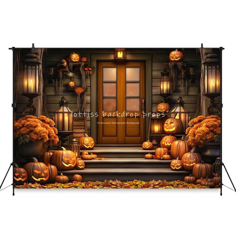 Pumpkin Porch Green Door Backdrops Kids Adult Photography Child Baby Photocall Props Autumn House Front Background