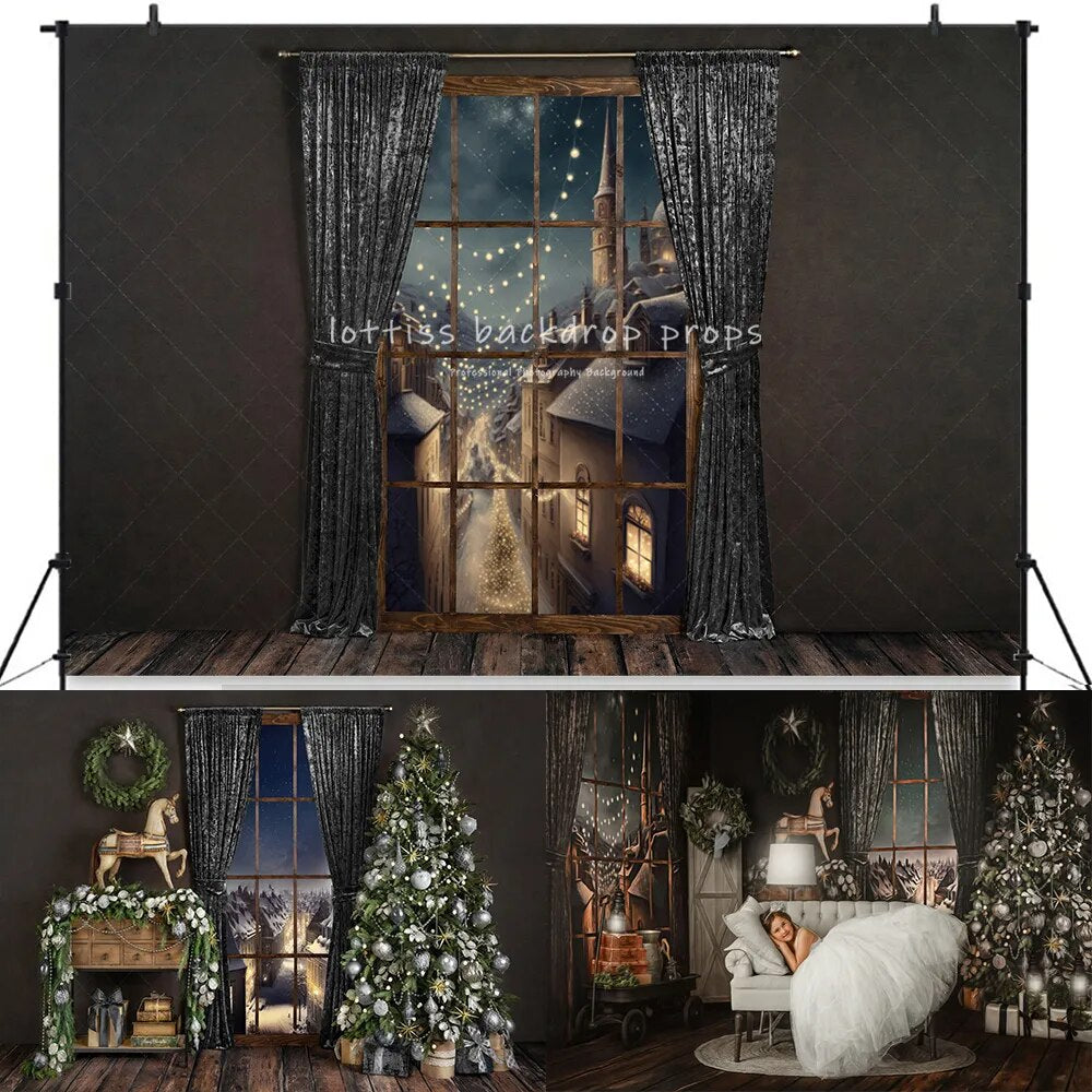 Cheerful Festivity Xmas Fireplace Backdrops Adult Portrait Kids Girl Photocall Toy Horse Window Living Room Background