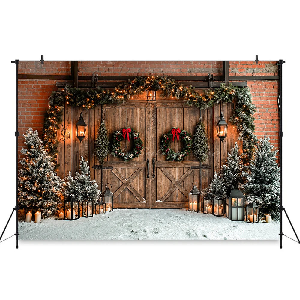 Christmas Photo Backdrop Wooden Barn Door With Fancy Trees Baby Kids Portrait Family Party Photocall Photograhy Background